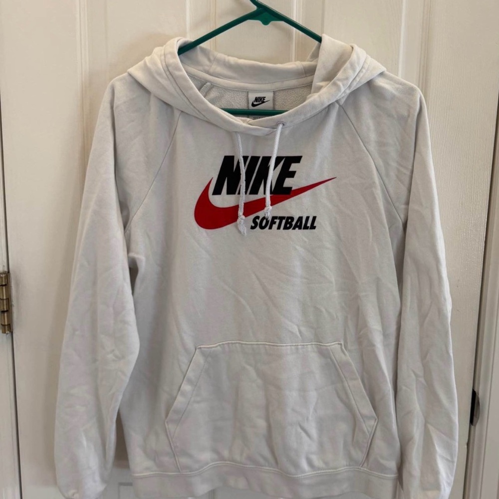 Nike White Hoodie with Red Swoosh and Black Text